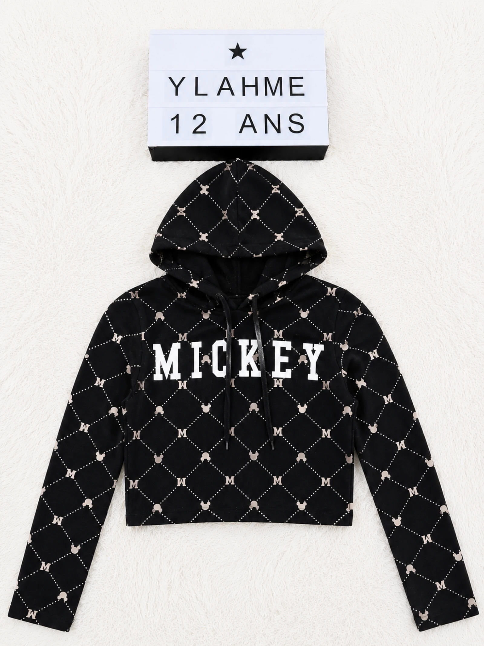 Sweat court à capuche Mickey Disney XS 12 ans noir et blanc 👒
